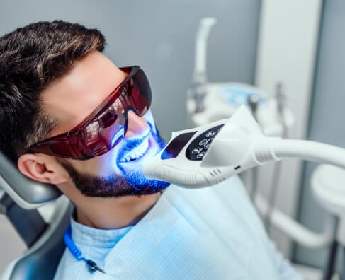 Man receiving blue light teeth whitening treatment at dental clinic with protective eyewear.