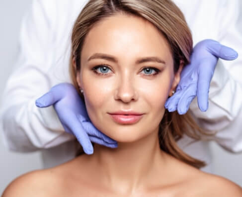 Woman receiving facial examination from gloved hands in clinical dental or medical setting.