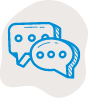 Two blue speech bubbles with dots representing conversation icons on gray background.