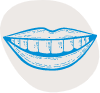 Bright blue smile with white teeth illustration on gray background for dental practice branding.