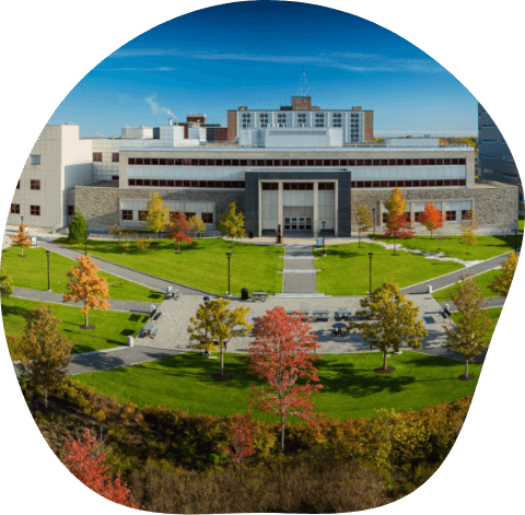 Modern dental office building with manicured landscaping, green lawn, and autumn trees.