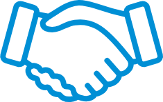 Blue handshake icon representing partnership and trust for dental practice.