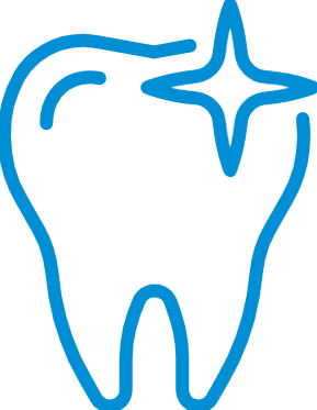 Blue outline of a tooth with a sparkle star, representing dental care and smile brightness.