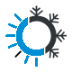 Blue circular icon with sun rays and snowflake symbols representing seasonal temperature control.