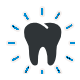 Dark tooth icon with radiating lines indicating brightness or dental health on white background.