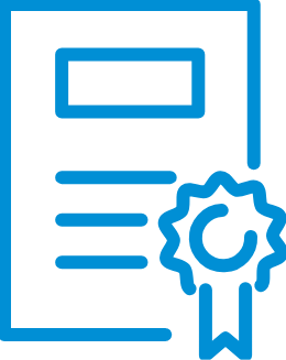 Blue icon of a certified document or award badge with ribbon on white background.
