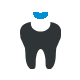 Tooth icon with blue crown on top, black tooth silhouette, dental care symbol.