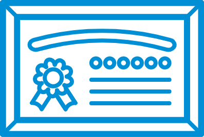 Blue certificate icon with award ribbon and decorative elements representing dental achievement or credentials.
