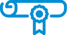 Blue award ribbon icon with gear symbol representing quality dental service recognition.
