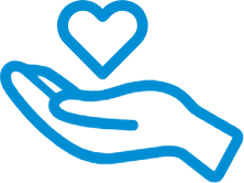 Blue hand holding heart symbol representing care and compassion for dental health