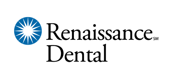 Renaissance Dental logo with blue sunburst icon and black text wordmark