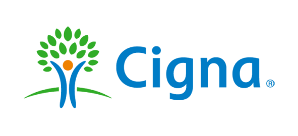 Cigna logo featuring stylized tree with blue figure and company name in blue text.